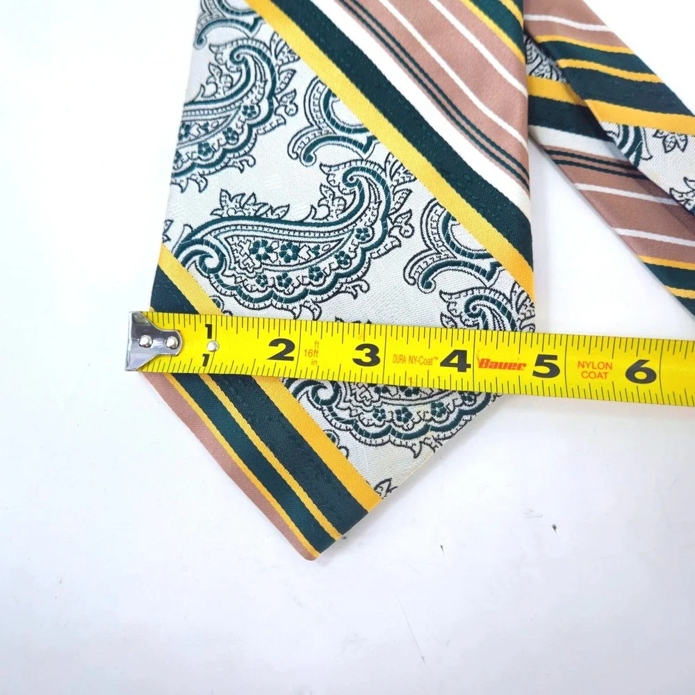 Vintage 70s/80s Jean‎ Claude Vidal Green Gold Mens Paisley Stripe Necktie USA